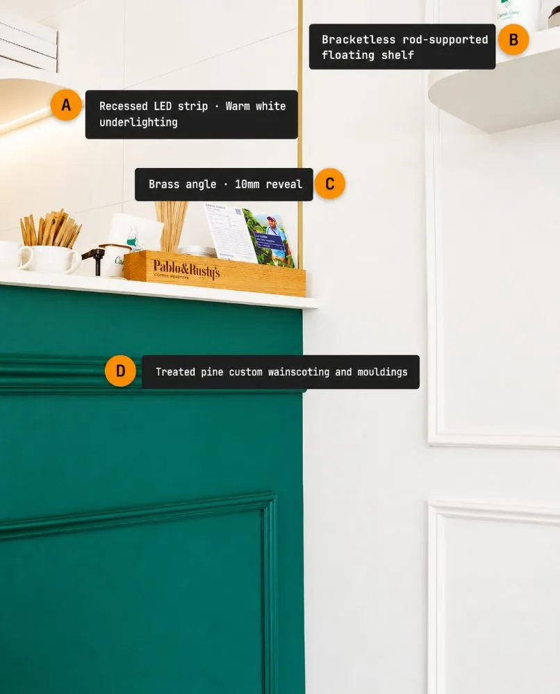 Annotated Créma-Lane counter detail: recessed LED strip, floating shelf, 10mm brass reveal and pine wainscoting